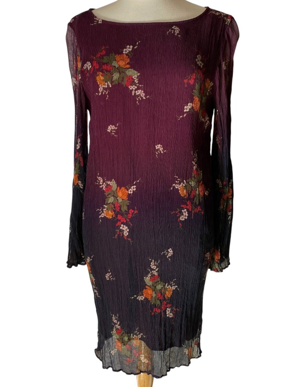 Sundance Vendenberg Ombre Floral Mesh Dress Long Flare Sleeve Boho Crinkle-L